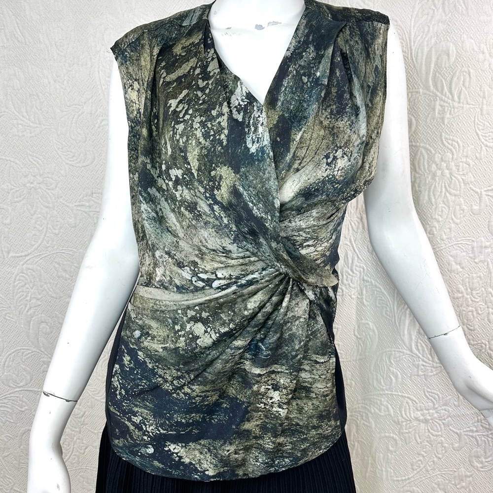 Helmut Lang Stretch Silk Raven Print Sateen Twisted Waist Sleeveless Top
